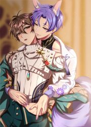 2boys animal_ear_fluff animal_ears blush brown_eyes brown_hair christmas clothing_cutout crystal eiden_(nu_carnival) fingernails fox_boy fox_ears fox_tail half-closed_eyes hand_under_clothes hands_in_pants heterochromia highres jewel jewelry kuya_(nu_carnival) looking_at_another male_focus mole mole_under_eye multiple_boys nail_polish necklace nu_carnival open_mouth ornament parted_lips purple_eyes purple_hair short_hair shoulder_cutout smug tail teeth winter winter_clothes yadome810 yaoi yellow_eyes