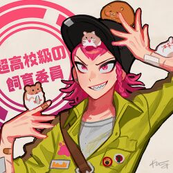 Rule 34 | 1boy, animal, arm up, badge, bandaid, bandaid on arm, bandaid on finger, belt, belt buckle, black hat, braid, breast pocket, brown belt, buckle, button badge, chest belt, collarbone, collared jumpsuit, commentary request, crew neck, danganronpa (series), danganronpa 2: goodbye despair, ear piercing, earrings, gimmogi kimumogi, grin, hamster, hamster on head, hat, jewelry, jumpsuit, looking up, male focus, medium hair, on head, piercing, pink hair, pocket, seed, sharp teeth, shirt, side braid, single braid, sitting, smile, soda kazuichi, solo, stud earrings, sunflower seed, t-shirt, teeth, upper body, v-shaped eyebrows, whiskers, white shirt, widow&#039;s peak, wing collar, yellow jumpsuit