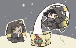 2girls :&lt; animal_ears bandaged_arm bandages black_hair bob_cut brown_hair chibi conical_hat dark-skinned_female dark_skin enkephalin_(project_moon) full_body grey_background grey_scarf hat heishou_pack-mao_branch_(identity)_(project_moon) highres kine kojocho05 limbus_company looking_at_viewer mallet multiple_girls outis_(project_moon) project_moon rabbit_ears rabbit_girl rabbit_tail rice_hat ryoshu_(project_moon) scarf short_hair simple_background tail yellow_eyes