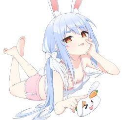 absurdres animal_ears barefoot blue_hair blush feet feet_up highres hololive long_hair looking_at_viewer lying on_stomach pekomon_(usada_pekora) rabbit_ears rabbit_tail red_eyes ribbon simple_background soles tail the_pose toes tongue tongue_out ugaaaa1 usada_pekora virtual_youtuber white_background