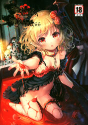 1girl :o areola_slip arm_garter armpits babydoll bat_wings bathing bdsm black_gloves blonde_hair blood blush breasts brooch collar content_rating convenient_censoring cover cover_page curly_hair demon_girl doujin_cover dripping earrings english_text fang flower frilled_thigh_strap frills gem glint gloves hair_flower hair_ornament head_wings holding indoors jewelry kneeling loli looking_at_viewer no_panties open_mouth original outstretched_arm partially_submerged petal_censor pointy_ears red_eyes red_flower red_rose rose scan single_glove skull slave small_breasts solo sorimura_youji text_focus thigh_strap wings