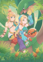 alternate_costume blonde_hair blue_eyes blush bridal_gauntlets company_connection crossover detached_sleeves gen_3_pokemon green_eyes harem_outfit highres link nintendo official_alternate_costume pokemon pokemon_(creature) ponytail princess_zelda riding riding_pokemon rutiwa shrug_(clothing) the_legend_of_zelda the_legend_of_zelda:_breath_of_the_wild trapinch tropius