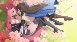 2girls absurdres animal_ears blue_cape blue_eyes boots cape ceri_(sakura_dungeon) commission commissioner_upload eye_contact fox_ears fox_tail from_side green_eyes highres japanese_clothes looking_at_another lying multiple_girls non-web_source on_grass sakura_dungeon tail thighhighs vulpes yomi_(sakura_dungeon) yuri
