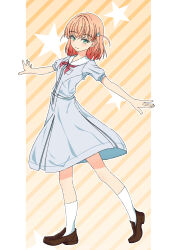 Rule 34 | 1girl, absurdres, aqua eyes, blue dress, breast pocket, brown shoes, closed mouth, commentary, diagonal-striped background, dress, full body, hair intakes, hair ornament, hasu no sora school uniform, highres, hinoshita kaho, kara iroha, link! like! love live!, loafers, looking at viewer, love live!, medium dress, medium hair, neckerchief, orange background, orange hair, outside border, outstretched arms, pillarboxed, pleated dress, pocket, puffy short sleeves, puffy sleeves, rabbit hair ornament, red neckerchief, sailor collar, sailor dress, school uniform, shoes, short sleeves, simple background, smile, socks, solo, split mouth, star (symbol), striped background, summer uniform, two side up, virtual youtuber, white sailor collar, white socks