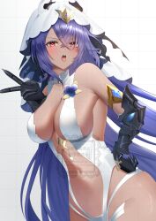 1girl absurdres azur_lane bare_shoulders black_gauntlets blush breasts center_opening dark-skinned_female dark_skin duquesne_(azur_lane) hand_on_own_hip hand_up highres konparu_uran large_breasts long_hair looking_at_viewer purple_hair red_eyes revealing_clothes simple_background solo v very_long_hair watermark white_background