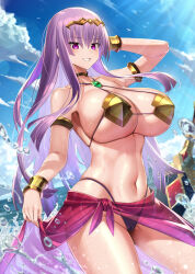 1girl arm_up armlet armor bare_shoulders bikini bikini_armor black_bikini blue_sky boobplate breastplate breasts cameltoe claudette_(queen&#039;s_blade) claudette_(queen&#039;s_blade_unlimited) cleavage cloud commentary_request cowboy_shot day gem glint gold_armor gold_choker green_gemstone grin hair_between_eyes highleg highleg_bikini highres huge_breasts jewelry light_blush long_hair looking_at_viewer navel ocean official_art outdoors purple_eyes purple_hair queen&#039;s_blade revealing_clothes sarong see-through_clothes see-through_sarong sidelocks skindentation sky smile solo standing stomach swimsuit sword takamine_nadare teeth underboob water weapon wet bracelet