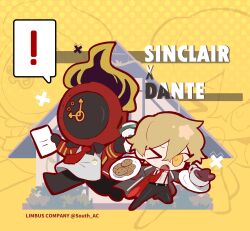 Rule 34 | !, 1boy, 1other, :o, apron, black coat, black gloves, black pants, blonde hair, chibi, coat, coffee, collared shirt, cookie, cup, dante (limbus company), food, full body, gloves, highres, holding, holding cup, holding plate, limbus company, long sleeves, looking at viewer, necktie, object head, one eye closed, open mouth, pants, plate, project moon, red coat, red necktie, shirt, short hair, simple background, sinclair (project moon), south ac, standing, white apron, white shirt, yellow background, yellow eyes