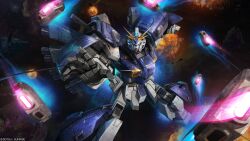 Rule 34 | absurdres, battle, cable, company name, copyright notice, energy, energy cannon, explosion, firing, glowing, gundam, gundam: twilight axis, gundam battle operation 2, gundam tristan, highres, incom (gundam), lens flare, machinery, mecha, mecha focus, mobile suit, nebula, no humans, official art, painting (medium), realistic, robot, scan, science fiction, solo, space, star (sky), sunrise (company), tenjin hidetaka, thrusters, traditional media, v-fin, zero gravity