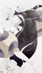 1girl absurdly_long_hair absurdres android breasts crown dark_skin extra_arms highres jacket large_breasts long_hair looking_at_viewer mechanical_arms mechanical_legs mole mole_under_eye original single_mechanical_arm skeleton turbine ub1mo very_long_hair white_background yellow_eyes