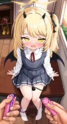 1girl absurdres asymmetrical_hair black_horns black_ribbon black_tail black_wings blonde_hair blue_archive blue_dress classroom collared_shirt commentary comodox demon_girl demon_horns demon_tail demon_wings desk dildo dress english_commentary flat_chest full_body hair_ribbon halo highres holding holding_sex_toy horns ibuki_(blue_archive) indoors large_variant_set loli long_sleeves neck_ribbon on_desk open_mouth paid_reward_available pinafore_dress pov pov_hands pussy_juice red_ribbon remote_control_vibrator ribbon sex_toy shirt side_ponytail sitting sleeveless sleeveless_dress socks solo_focus tail variant_set vibrator white_shirt white_socks wings yellow_eyes yellow_halo