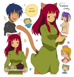 Rule 34 | 1boy, 4girls, :d, animal ears, bendedede, black eyes, blonde hair, blue bra, blue eyes, blue hair, blue panties, blue shirt, bra, breasts, brown tail, cat ears, cat tail, closed eyes, cowboy shot, cup, dress, glasses, green dress, green hair, grey shirt, hands on own cheeks, hands on own face, highres, hitoshi-san, holding, holding plate, koneko-chan, long hair, looking at viewer, multiple girls, narrowed eyes, nyan neko sugar girls, open mouth, panties, plate, purple hair, raku-chan, red hair, shirt, short hair, smile, speech bubble, t-shirt, tail, teapot, teeth, underwear, very short hair, vet-sama (nyan neko sugar girls), white background