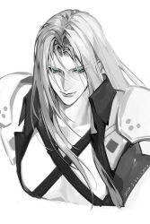 Rule 34 | 1boy, armor, chest strap, closed mouth, cropped torso, curtained hair, dated, final fantasy, final fantasy vii, green eyes, greyscale, high collar, long hair, looking down, male focus, monochrome, pauldrons, sephiroth, shoulder armor, simple background, smile, solo, spot color, tiandayu2022, white background, wing collar