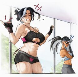Rule 34 | 2girls, black hair, breasts, closed eyes, clothing cutout, dancing, earbuds, earphones, exercising, floating hair, flying sweatdrops, highres, indoors, makdraw25, medium breasts, motion lines, multicolored hair, multiple girls, navel, original, parted lips, sports bra, sportswear, stomach, streaked hair, sweat, sweaty clothes, tears, toned, toned female, underboob cutout, window