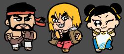 Rule 34 | 1girl, 2boys, :3, ;3, beard, bkub, black eyes, black hair, black shirt, blonde hair, blue leggings, brown jacket, capcom, chibi, chibi only, china dress, chinese clothes, chun-li, clenched hands, dot nose, double bun, dress, earrings, eyeliner, facial hair, grey background, grin, hair bun, hands up, headband, jacket, jewelry, ken masters, leg up, leggings, makeup, mismatched eyebrows, multiple boys, one eye closed, open clothes, open jacket, pants, pearl earrings, red eyeliner, red headband, red pants, ryu (street fighter), shirt, short hair, side slit, simple background, smile, street fighter, street fighter 6, stubble, teeth, white dress, white pants