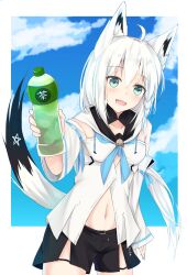 1girl ahoge animal_ear_fluff animal_ears aqua_eyes black_shorts blue_neckerchief blue_sky border bottle cloud fox_ears fox_girl fox_tail highres holding holding_bottle hololive hood hoodie long_hair looking_at_viewer neckerchief open_mouth shirakami_fubuki shirakami_fubuki_(1st_costume) shorts shuuzo3 sky smile solo tail thigh_strap virtual_youtuber white_border white_hair white_hoodie
