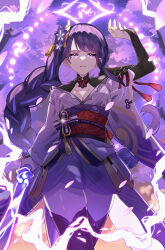 1girl absurdres akane_yuki_(yukito0306) armor black_thighhighs blunt_bangs breasts bridal_gauntlets cherry_blossoms cleavage commentary_request dappled_sunlight electricity falling_petals flower flower_ornament genshin_impact glowing glowing_sword glowing_weapon hair_ornament highres holding holding_sword holding_weapon japanese_clothes katana kimono large_breasts looking_at_viewer mitsudomoe_(shape) mole mole_under_eye multicolored_hair night night_sky off_shoulder open_mouth outdoors petals pink_petals purple_flower purple_hair purple_kimono raiden_shogun red_sash sash shoulder_armor sky solo standing streaked_hair sunlight sword thick_thighs thighhighs thighs tomoe_(symbol) weapon