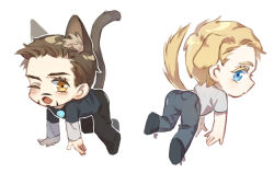 Rule 34 | 2boys, animal ears, animification, arc reactor, avengers (series), back, black pants, black shirt, black shoes, blonde hair, blue eyes, blush, brown eyes, brown hair, cat ears, cat tail, chibi, chibi only, chinese commentary, closed mouth, commentary request, dog ears, dog tail, facial hair, fang, from behind, full body, grey pants, kemonomimi mode, layered sleeves, long sleeves, looking at viewer, looking back, male focus, marvel, marvel cinematic universe, multiple boys, one eye closed, open mouth, pants, shirt, shoes, short hair, short over long sleeves, short sleeves, simple background, skin fang, steve rogers, t-shirt, tail, tony stark, white background, white shirt, yizilu699