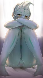 1boy ass astral_(yu-gi-oh!) blue_skin blush body_markings bodypaint colored_skin fetal_position highres kurage444 looking_at_viewer looking_down male_focus no_visible_genitalia sitting solo tagme trap yellow_eyes yu-gi-oh! yu-gi-oh!_zexal