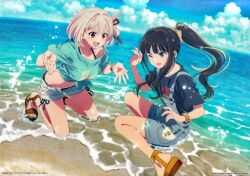 2girls :d ;d absurdres beach bikini bikini_under_clothes black_bikini black_hair black_shirt blonde_hair blue_overalls brown_eyes collarbone day denim_overalls green_shirt hair_ornament hair_ribbon hair_scrunchie highres horizon inoue_takina kneeling long_hair lycoris_recoil multiple_girls navel nishikigi_chisato ocean official_art one_eye_closed open_mouth outdoors overalls palms platform_sandals ponytail purple_eyes ribbon sandals scrunchie shirt short_hair shorts sidelocks sky smile swimsuit tied_shirt toes unbuttoned water_drop white_shorts