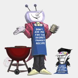 Rule 34 | 2boys, ant tenna, apron, black hair, black pants, blue apron, can, clothes writing, commentary, deltarune, english commentary, facing viewer, food, gloves, grill, grin, highres, holding, holding can, jacket, long nose, male focus, meme, mikelocesterla1, mini person, miniboy, multiple boys, necktie, no eyes, object head, pants, photo-referenced, red jacket, shoes, short hair, shrugging, simple background, smile, smirk, spamton g. spamton, standing, steak, television, white background, white gloves, yellow necktie, yellow shoes