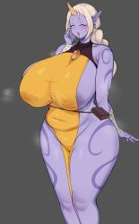 1girl areola_slip bandaged_arm bandages breasts chamchami cleft_of_venus clothes colored_skin curvy ear_piercing closed_eyes grey_background highres horn huge_breasts inverted_nipples jewelry large_areolae league_of_legends long_hair looking_at_viewer monster_girl necklace nipples open_mouth piercing plump pointy_ears ponytail purple_skin riot_games simple_background smile solo soraka_(league_of_legends) standing thick_thighs thighs white_hair wide_hips