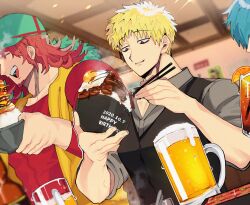 3boys :d ^_^ absurdres alcohol baseball_cap beard beer beer_bottle beer_mug black_vest blonde_hair blue_hair blurry blurry_background bowl burger burgerberg_q-taro chopsticks closed_eyes collared_shirt cup dated donburi drinking_glass dutch_angle facial_hair food fried_egg fruit green_headwear grey_shirt gyuudon happy_birthday hat highres holding holding_bowl holding_chopsticks iced_tea indoors jacket kimi_ga_shine m_96_1 male_focus meat medium_hair mug multiple_boys muscular muscular_male open_clothes open_collar open_jacket open_mouth orange_(fruit) orange_slice out_of_frame parted_lips red_hair red_shirt restaurant rice sanpaku sauce shinogi_keiji shirt short_bangs short_hair sleeveless sleeveless_jacket sleeves_rolled_up smile steam table teeth unajuu_(food) upper_body upper_teeth_only vest wispy_bangs yabusame_alice yellow_jacket