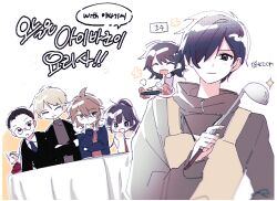 Rule 34 | 2girls, 5boys, ^ ^, aiba ibuki, apron, atou haruki, black eyes, black hair, black jacket, blonde hair, blue necktie, brown hair, brown sweater, closed eyes, closed mouth, collared shirt, glasses, hair over one eye, holding, holding ladle, isoi reiji, jacket, jw9484, korean text, kumazaki karen, kumazaki riku, kurachi terumi, ladle, long sleeves, male focus, medium hair, multiple boys, multiple girls, necktie, open clothes, open jacket, open mouth, oven mitts, ponytail, purple shirt, red shirt, saibou shinkyoku, shirt, short hair, smile, sweater, translation request, turtleneck, turtleneck sweater, v-shaped eyebrows, white jacket, white shirt, yanagi nina, yellow apron