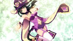 1girl animal_ears black_hair cape cat_ears cat_tail energy game_cg green_nails hat highres inma magic mina_(sakura_isekai_adventure) official_art sakura_isekai_adventure tail thighhighs wizard_hat