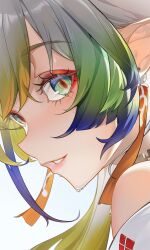 Rule 34 | 1girl, absurdres, arknights, bare shoulders, blonde hair, blue hair, brown pupils, chinese commentary, close-up, commentary request, earrings, eyeliner, gradient hair, green eyes, grey hair, highres, jewelry, lens flare, light blush, long hair, looking at viewer, makeup, multicolored hair, necklace, parted lips, pointy ears, red eyeliner, revision, shu (arknights), simple background, slit pupils, smile, solo, sweat, tianqing zhaoxue, white background