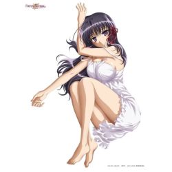 1girl arm_up artist_request babydoll bare_shoulders barefoot black_hair blunt_bangs breasts copyright_notice feet fetal_position fortune_arterial full_body kuze_kiriha large_breasts legs looking_at_viewer lying purple_eyes simple_background strap_slip toes white_background