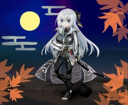 Rule 34 | 1girl, black gloves, blue eyes, breasts, chibi, clothing cutout, commentary, crossed bangs, double-parted bangs, eiyuu densetsu, english commentary, fingerless gloves, full body, full moon, gloves, half updo, highres, holding, holding sword, holding weapon, kanonblog776, kuro no kiseki (series), kuro no kiseki i, large breasts, leaf, long sleeves, looking at viewer, maple leaf, moon, sandals, shizuna rem misurugi, smile, solo, sword, thigh cutout, thighhighs, weapon, white hair, wing collar