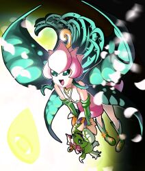 Rule 34 | absurdres, digimon, digimon (creature), digimon adventure, dress, evolutionary line, green hair, green wings, highres, lilimon, midair, multiple wings, palmon, papipupepopth, petals, pink dress, plant hair, plant monster, wings