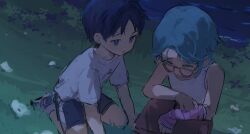 2boys arm_cast black_shorts blue_eyes blue_hair bush cove_holden crying crying_with_eyes_open dark dutch_angle elbow_on_knee flower from_above full_body glasses hill looking_at_another main_character_(our_life) male_focus moonlight multiple_boys night on_grass our_life:_beginnings_and_always poppy_(flower) ryuuieu shirt shoes short_hair shorts sitting sneakers socks sparkle t-shirt tank_top tears wariza water white_shirt white_socks white_tank_top worried