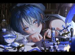 1boy 4the2ofus beret black_bodysuit blue_eyes blue_hair blue_hat blunt_ends blush bodysuit book candle constellation cup feathers genshin_impact glass gold_necklace gold_ring hat head_on_arm highres ink_stamp inkwell jewelry letter long_sleeves looking_at_viewer male_focus middle_ring multiple_rings necklace off_shoulder paper quill ring saucer scaramouche_(genshin_impact) shirt signature silver_ring single_bare_shoulder solo spoon teacup test_tube wanderer_(wanderer_impression)_(genshin_impact) wax_seal white_shirt wide_sleeves