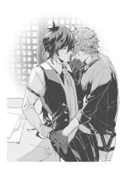 004s_4 2boys blush couple genshin_impact greyscale holding_hands image_sample monochrome multiple_boys pixiv pixiv_sample tartaglia_(genshin_impact) white_background yaoi zhongli_(genshin_impact)