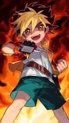 1boy amanogawa_ryuusei aqua_shorts belt belt_buckle belt_pouch blonde_hair brown_belt brown_eyes buckle child clenched_hand collared_jacket commentary_request fire hair_between_eyes hercules_beetle highres holding holding_toy jacket jinzou_konchuu_kabutoborg_vxv kuroda_(kuro_yyy) looking_at_viewer male_focus multicolored_hair open_clothes open_jacket open_mouth pouch red_jacket shirt short_hair shorts smile solo standing tomcat_red_beetle_(kabutoborg) toy toy_car two-tone_hair white_shirt wristband