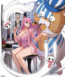 :o adjusting_another&#039;s_hair aosora2823 bandaged_arm bandages bare_legs blunt_bangs braiding_hair breasts brick_wall cleavage collarbone commentary_request commission cosmetics dracule_mihawk flying_sweatdrops ghost hairdressing highres holding holding_lipstick_tube indoors kumacy large_breasts lipstick_tube long_hair looking_at_another nervous_sweating one_piece perona pink_chemise pink_hair sitting skeb_commission stitched_face stitches straight_hair sweat very_long_hair wide-eyed