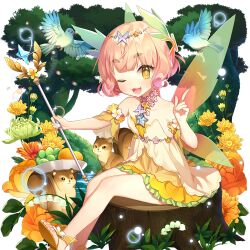 1girl blunt_bangs choker circlet dress flower flower_choker foot_out_of_frame frilled_dress frills holding holding_wand kanna_(uchihime) legs off-shoulder_dress off_shoulder one_eye_closed pink_hair salt_(salty) sandals short_hair squirrel uchi_no_hime-sama_ga_ichiban_kawaii wand wings yellow_dress yellow_eyes yellow_sandals
