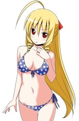 1girl ahoge bare_shoulders bikini blonde_hair bow breasts breasts_apart cleavage collarbone drill_hair hair_bow hair_ribbon hata_kenjirou hayate_no_gotoku! highres large_breasts long_hair looking_at_viewer navel polka_dot polka_dot_bikini purple_bikini red_eyes ribbon simple_background solo stomach swimsuit tennousu_athena thigh_gap thighs white_background