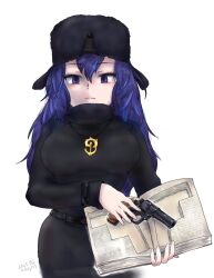 Rule 34 | 1girl, anchor necklace, belt, black belt, black hair, black sweater, blue eyes, blue hair, blush, book, bracelet, cowboy shot, dress, fins, fur hat, gun, hair between eyes, handgun, hat, head fins, highres, japari symbol, jewelry, kemono friends, long hair, long sleeves, looking at viewer, multicolored hair, necklace, revolver, saja (166j357), sidelocks, solo, sperm whale (kemono friends), sweater, sweater dress, turtleneck, turtleneck sweater, ushanka, weapon, whale girl
