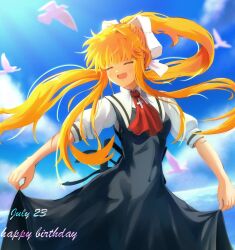 Rule 34 | 1girl, air (visual novel), ascot, back bow, bird, black dress, blonde hair, blue eyes, bow, closed eyes, curtsey, dated, day, dress, floating hair, hair ribbon, happy birthday, highres, kamio misuzu, key season, long hair, open mouth, ponytail, puffy short sleeves, puffy sleeves, red ascot, ribbon, school uniform, seagull, short sleeves, sky, smile, solo, very long hair, white ribbon