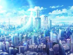 artist_request blue_sky city cloud day game_cg lens_flare light_particles magia_record:_mahou_shoujo_madoka_magica_gaiden mahou_shoujo_madoka_magica no_humans official_art outdoors scenery sky sun sunlight