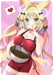 Rule 34 | 1girl, :p, animal ear fluff, animal ears, apron, bare arms, bare shoulders, between breasts, black bow, blonde hair, blue eyes, blush, bow, breasts, chocolate on hand, closed mouth, collarbone, copyright request, food on hand, fox ears, fox girl, fox tail, fuuna thise, grey bow, hair between eyes, hair bow, hair intakes, hair ornament, hairclip, heart, highres, large breasts, long hair, looking at viewer, low twintails, mixing bowl, naked apron, pink background, pixelated, red apron, smile, solo, spoken heart, tail, thighhighs, tongue, tongue out, twintails, very long hair, virtual youtuber, whisk, white thighhighs