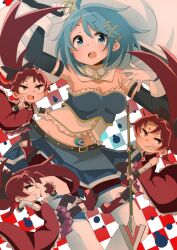 Rule 34 | 4girls, arm up, armor, black thighhighs, blue eyes, blue skirt, boots, breastplate, breasts, cape, chibi, cleavage, detached sleeves, dress, eating, fang, food, fruit, gloves, holding, holding food, holding fruit, holding polearm, holding weapon, long hair, looking at viewer, magical girl, mahou shoujo madoka magica, mahou shoujo madoka magica (anime), midriff peek, miki sayaka, miki sayaka (magical girl), miniskirt, multiple girls, navel, open mouth, pink skirt, pleated skirt, polearm, red boots, red dress, red hair, sakura kyoko, sakura kyoko (magical girl), skirt, soul gem, sword, teeth, thighhighs, upper teeth only, urei-hibino, weapon, white cape, white gloves, white thighhighs