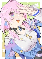 1girl black_choker blue_eyes blue_jacket border bra_strap choker collarbone commentary_request earrings flower_ornament gradient_background gradient_clothes gradient_jacket green_background hair_intakes hand_up honkai:_star_rail honkai_(series) jacket jewelry long_sleeves looking_at_viewer march_7th_(honkai:_star_rail) march_7th_(preservation)_(honkai:_star_rail) medium_hair mitukiaqa multicolored_eyes off-shoulder_jacket off_shoulder one_eye_closed outside_border pink_eyes pink_hair pink_jacket shirt single_earring smile solo tied_jacket two-tone_eyes underbust upper_body v white_border white_shirt yellow_background