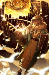 Rule 34 | 1girl, absurdres, ankle boots, belt, blue coat, blue eyes, boots, brown belt, brown gloves, brown hair, newsboy cap, closed mouth, coat, column, dark background, dome, dress, feet out of frame, flying paper, gloves, grey hat, hat, highres, holding, holding lantern, holding suitcase, lantern, long dress, long hair, long sleeves, longze mashu, looking to the side, marcus (reverse:1999), paper, pillar, reverse:1999, scarf, solo, spiral staircase, stairs, suitcase, white dress, white scarf