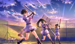 4girls arihara_tsubasa baseball baseball_bat baseball_field baseball_uniform belt belt_buckle belt_pouch bike_shorts_under_skirt black_belt black_gloves black_hair black_hat black_pouch black_shorts black_undershirt blonde_hair blue_eyes bow brown_eyes brown_hair buckle chain-link_fence cinderella_series fence fingerless_gloves gakuseibou game_cg gloves green_eyes hachigatsu_no_cinderella_nine hair_between_eyes hair_bow hair_ribbon hat high_ponytail highres holding holding_baseball_bat iwaki_yoshimi layered_sleeves light_rays long_hair long_sleeves metal_baseball_bat multiple_girls neckerchief non-web_source official_art on_grass outdoors pink_neckerchief pleated_skirt ponytail pouch red_ribbon ribbon satogahama_baseball_uniform shirt shirt_under_shirt short_hair short_over_long_sleeves short_sleeves shorts skirt sportswear striped_belt striped_clothes striped_shirt sunbeam sunlight tsukahara_shizuku tsukumo_kana v-shaped_eyebrows vertical-striped_clothes vertical-striped_shirt wristband yellow_bow