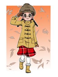 1girl alternate_costume autumn_leaves black_hair boots braid brown_coat brown_eyes brown_hat brown_mittens coat fukuda_haru fur_boots girls_und_panzer gradient_background hat leaf long_hair mittens open_mouth orange_background pantyhose red_skirt salute skirt smile takahashi_kurage twin_braids white_pantyhose yellow_boots yellow_coat