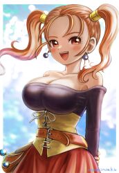 1girl absurdres arms_behind_back bare_shoulders belt belt_buckle blue_skirt blush breasts buckle cleavage collarbone commentary corset cowboy_shot dragon_quest dragon_quest_viii earrings highres jessica_albert jewelry large_breasts long_hair long_sleeves looking_at_viewer moyapippi off-shoulder_shirt off_shoulder open_mouth orange_hair red_eyes red_skirt shirt skirt solo teeth twintails twitter_username upper_teeth_only yellow_corset