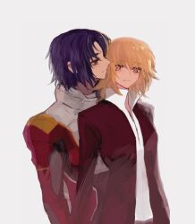 Rule 34 | 1boy, 1girl, athrun zala, blonde hair, blue hair, cagalli yula athha, couple, green eyes, gundam, gundam seed, hetero, jacket, long sleeves, mecha pilot suit, she (morianosu), shirt, short hair, simple background, smile, upper body, white background, yellow eyes